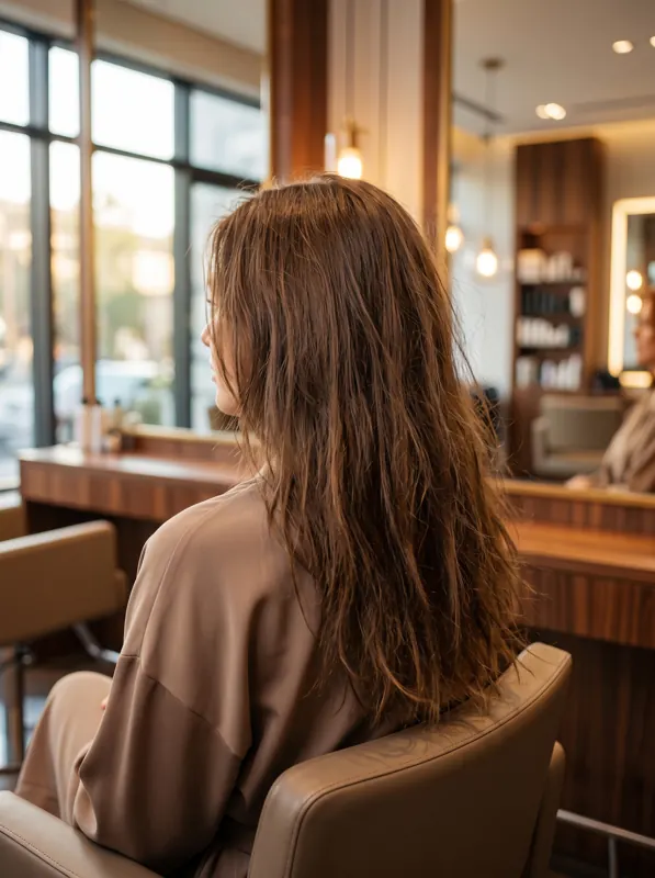 Antes: cabelo castanho longo sem brilho