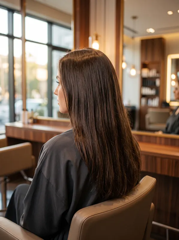 Antes: cabelo castanho escuro liso